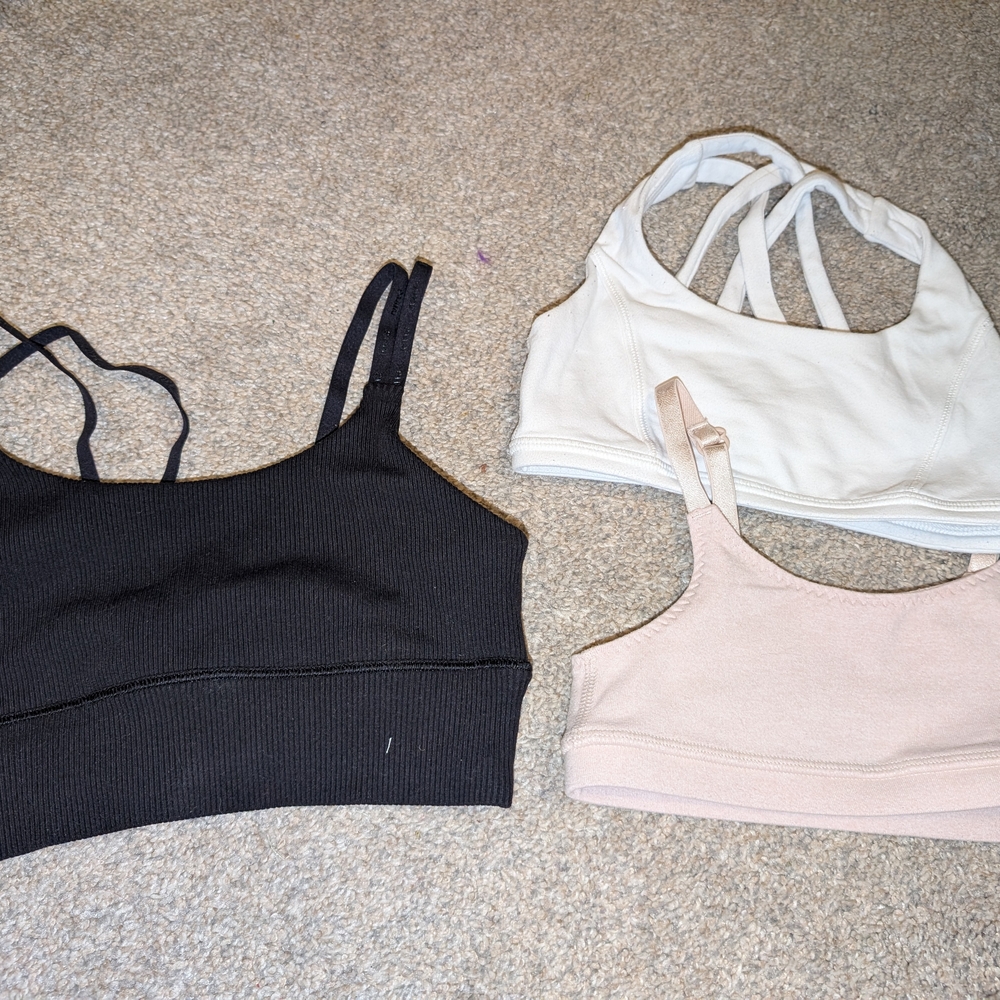 Set of Three Ribbed Bralettes - Black, White, and Tan